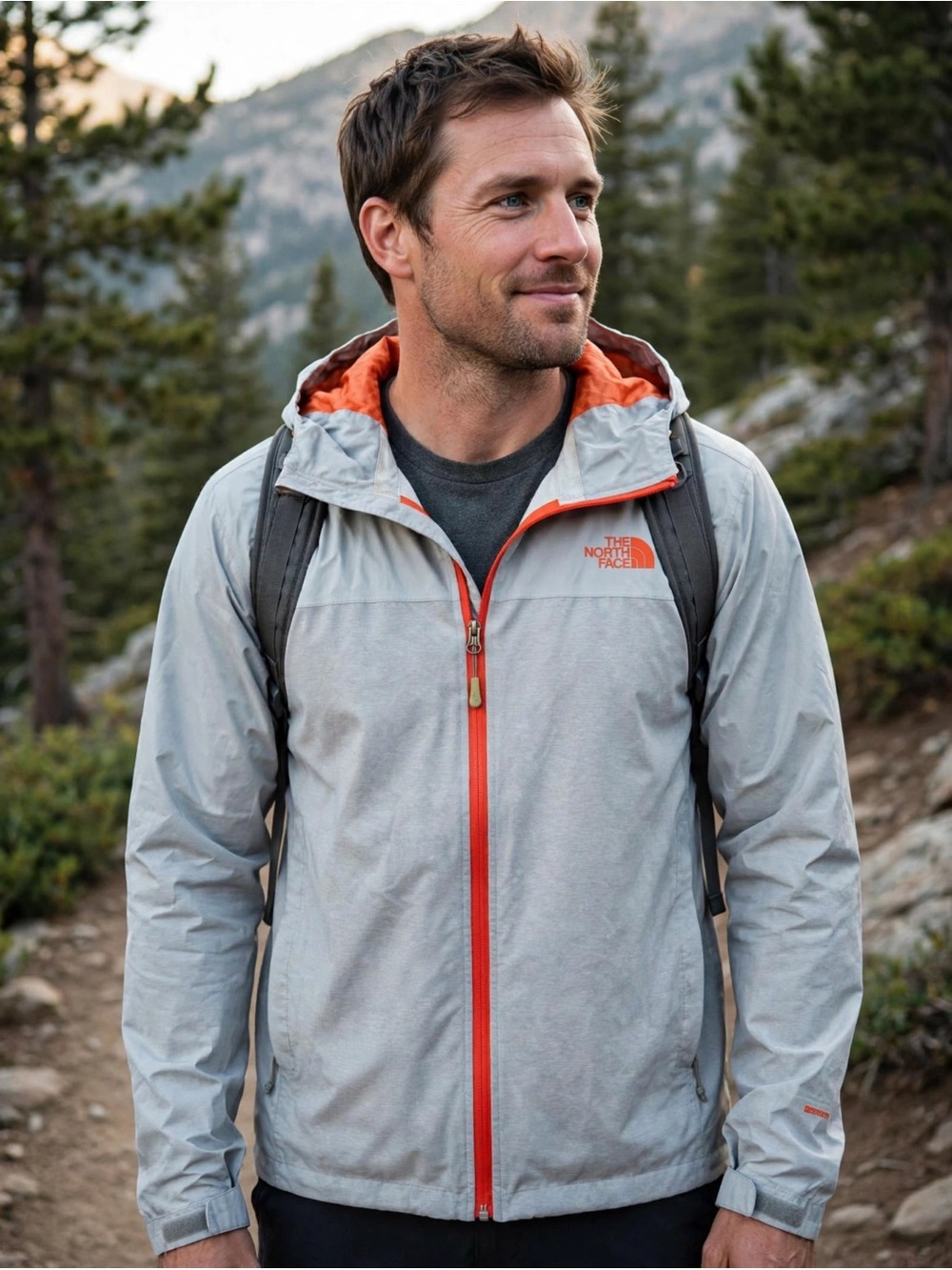 The North Face Men's Light Gray Jacket with Orange Trim